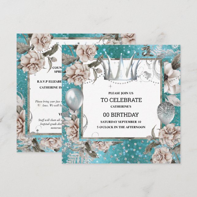 Invitación Corona plateada chic purpurina floral turquesa (Anverso / Reverso)