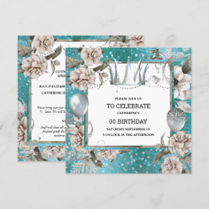 Invitación Corona plateada chic purpurina floral turquesa