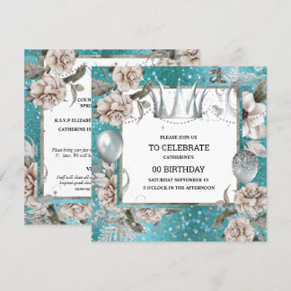 Invitación Corona plateada chic purpurina floral turquesa