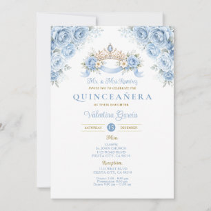 Invitación Corona Polvo Azul Corona Dorada Quinceañera Floral