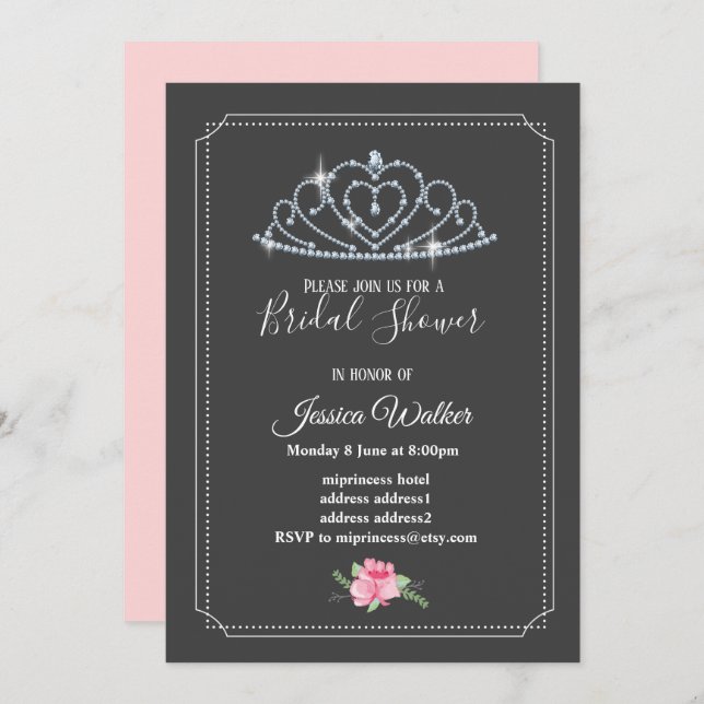 Invitación corona purpurina, princesa, ducha de novia floral  (Anverso / Reverso)