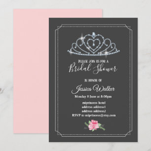 Invitación corona purpurina, princesa, ducha de novia floral