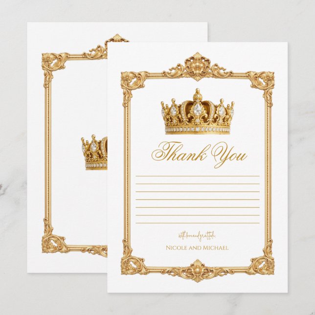 Invitación Corona Real Coronada en Oro Elegante Gracias (Anverso / Reverso)