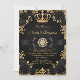 Invitación Corona Real de Oro Negro Boda Elegante