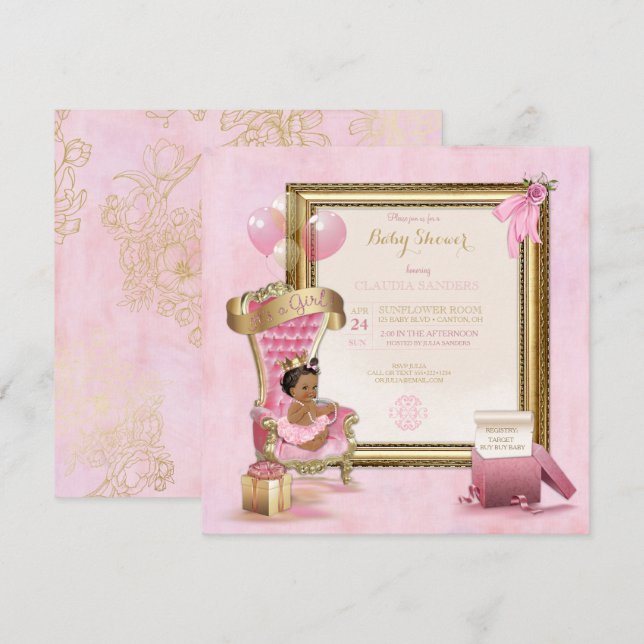 Invitación Corona Real Dorada Rosa Princesa Bebé Étnica (Anverso / Reverso)