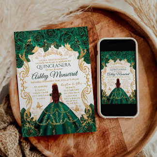 Invitación Corona Real Esmeralda Verde Dorada Quinceañera