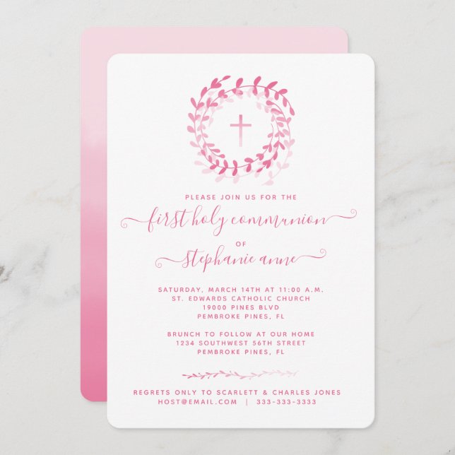 Invitación Corona rosa y cruz de la comunión (Anverso / Reverso)