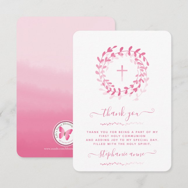 Invitación Corona rosa y cruz de la comunión (Anverso / Reverso)