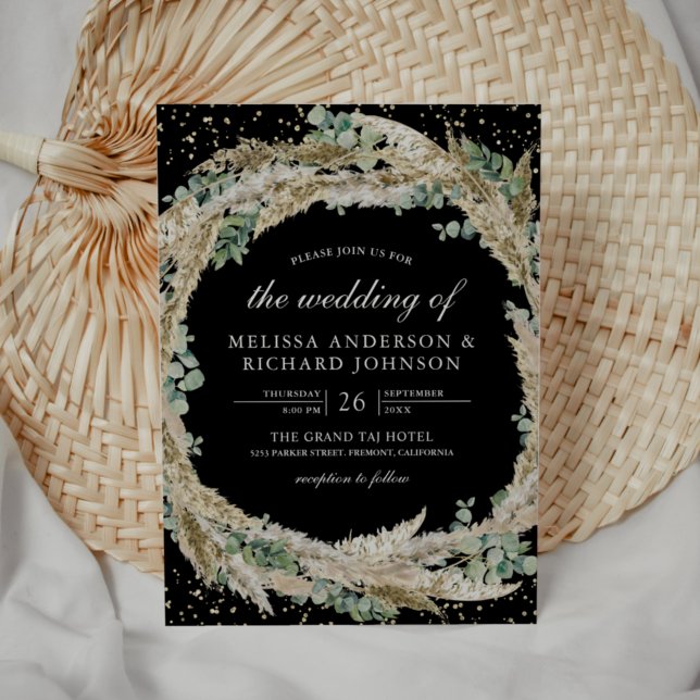 Invitación Corona rústica boho pampas eucalipto boda negra (Subido por el creador)