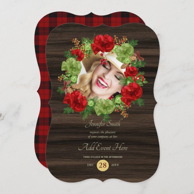 Invitación Corona rústica de cuadros Búfalo FOTO Moderno CUAL (Anverso / Reverso)