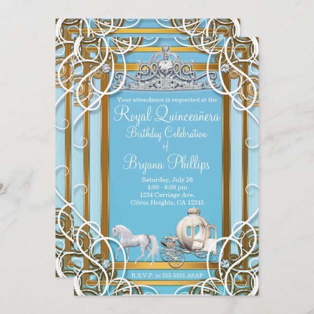Invitación Corona y Carruaje de Princesa Quinceañera Azul Oro (Anverso / Reverso)