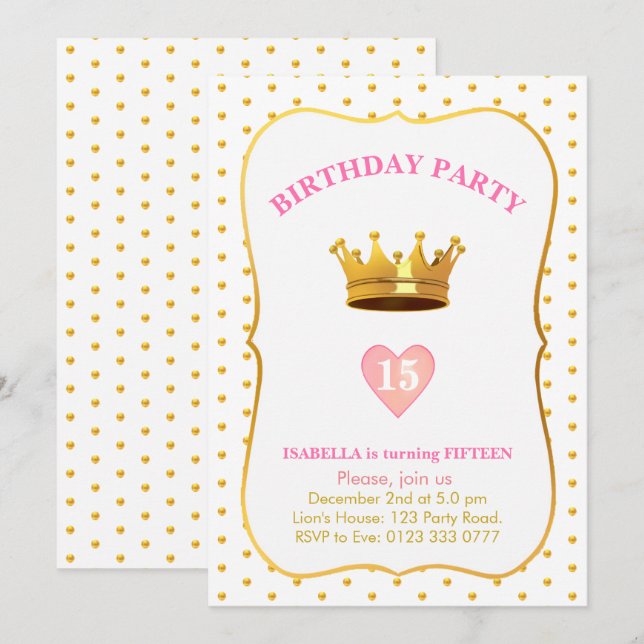 Invitación Corona y Confeti de Oro Cumpleaños 15 (Anverso / Reverso)