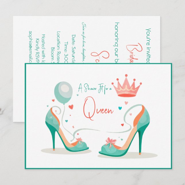 Invitación Corona y tacones altos - Glamoroso tema Rosa y Mon (Anverso / Reverso)