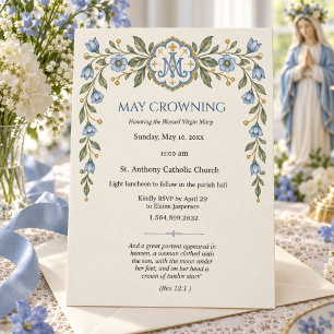 Invitación Coronación Católica Mariana Floral Azul de Mayo