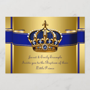 Invitación Coronación Real Azul y Dorado Príncipe Bautizo
