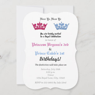 Invitación Coronas de Príncipe Princesa Gemelos Fiesta Rosa y