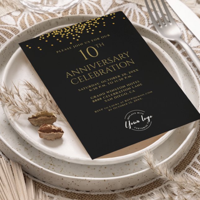 Invitación Corporate Business 10th Anniversary Black Gold  (10th business anniversary custom invitation )
