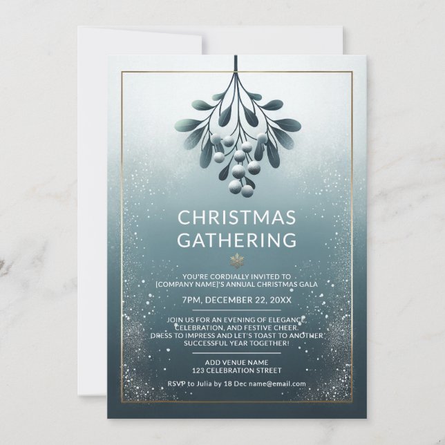 Invitación corporativa de Navidad azul con acentos (Anverso)