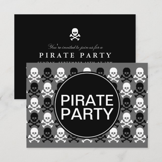 Invitación correa de cráneo central de fiesta pirata (Anverso / Reverso)
