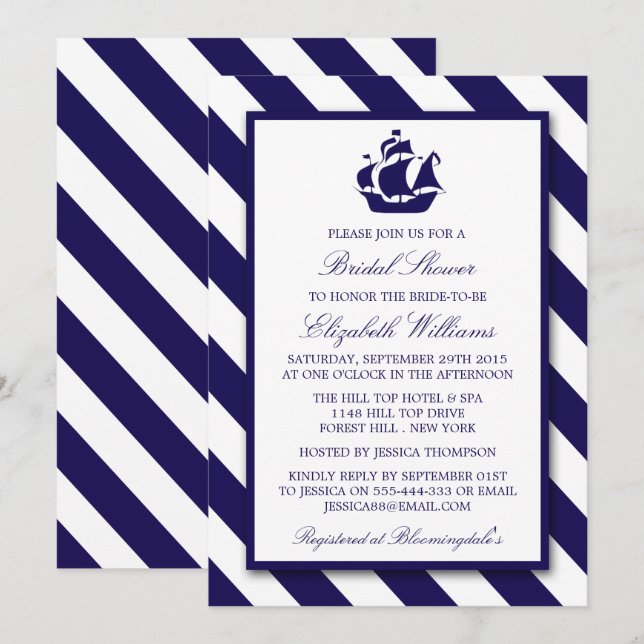Invitación Correa Nautical Stripes & Naval Blue Ship Bridal S (Anverso / Reverso)