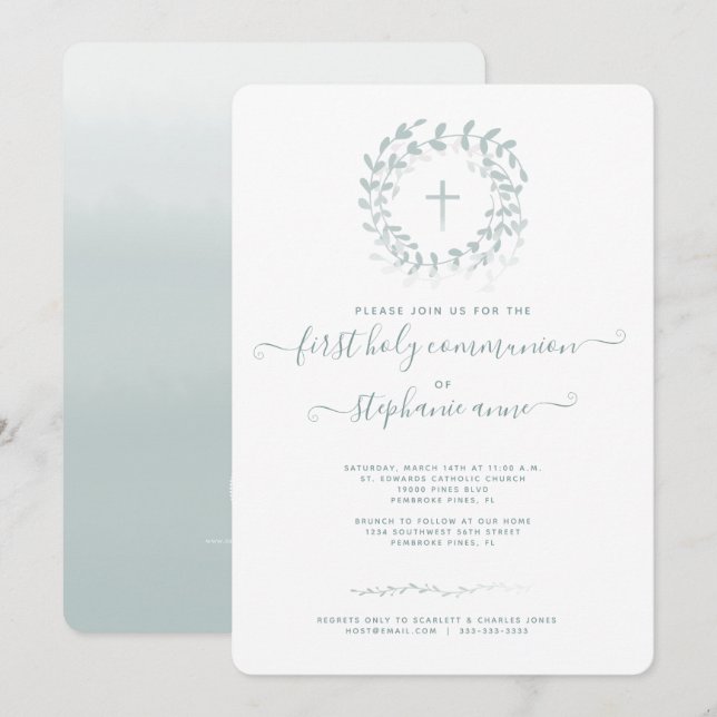 Invitación Correa y cruz de salvia de la comunión (Anverso / Reverso)