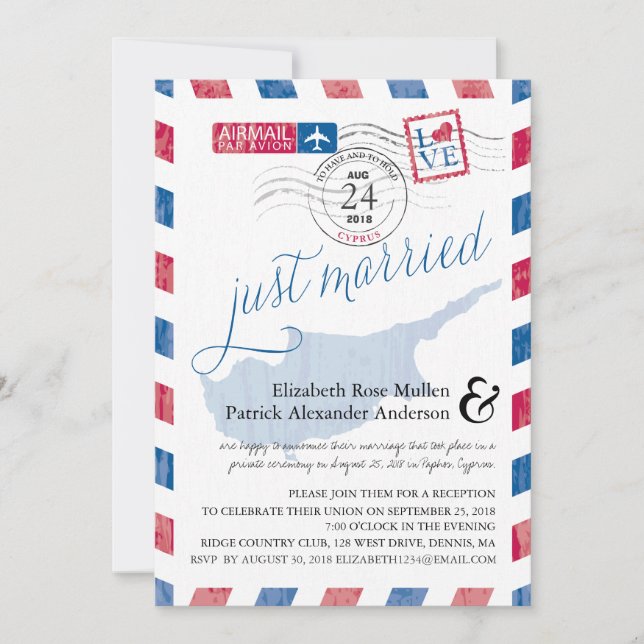 Invitación Correo aéreo antiguo de Chipre recién casado (Anverso)
