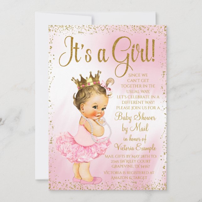 Invitación Correo Baby Shower Rosa Gold Brunette Princess Tut (Anverso)