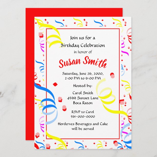 Invitación Corriente de Confeti de Cumpleaños Feliz Fiesta  (Anverso / Reverso)