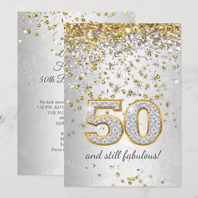 Invitación Corrientes plateadas de oro Fabuloso 50 cumpleaños (Anverso / Reverso)
