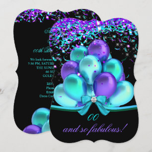 Invitación Corrientes serpentinas y globos azules púrpura azu