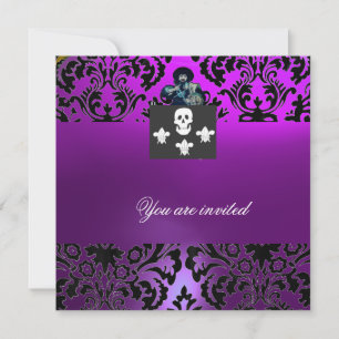 Invitación CORSAIR NEGRO SKULL & FLEUR DE LIS MONOGRAM púrpur