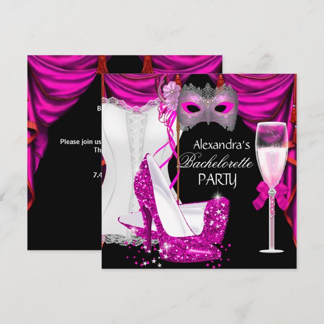 Invitación Corsé de Soltera Rosa Mascarada Champagne 2 (Anverso / Reverso)