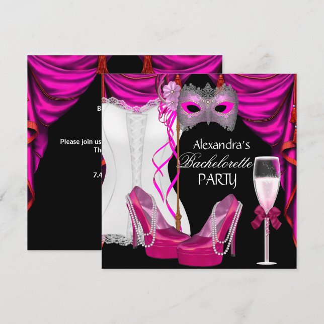 Invitación Corsé de Soltera Rosa Mascarada Champán (Anverso / Reverso)