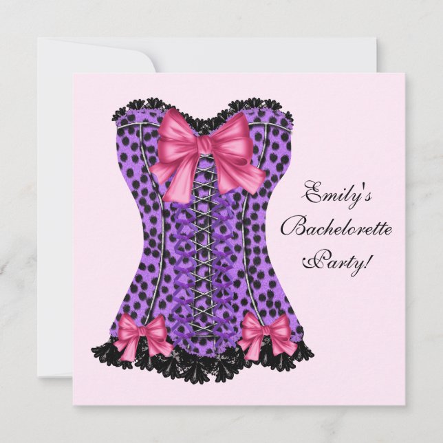 Invitación Corsé Leopardo Rosa y Morado Fiesta de Despedida M (Anverso)
