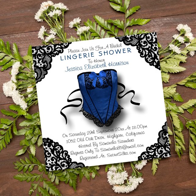 Invitación Corset azul y ducha de lencería de encaje negro (Subido por el creador)