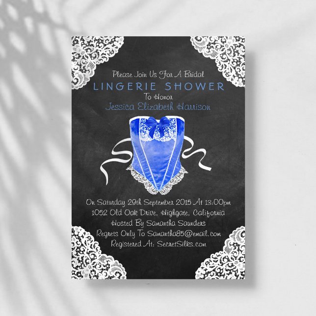 Invitación Corset Blue Lace White Chalkboard Lingerie Shower (Subido por el creador)