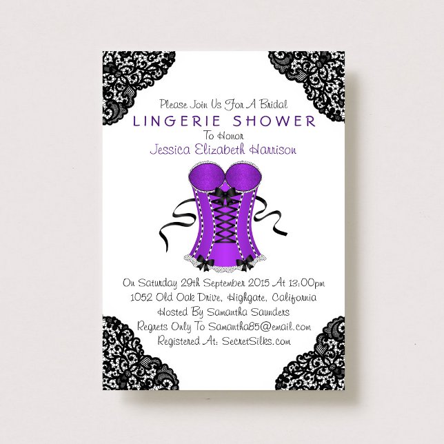 Invitación Corset morado y ducha de lencería de encaje negro (Subido por el creador)