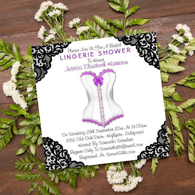 Invitación Corset morado y ducha de lencería de encaje negro (Subido por el creador)