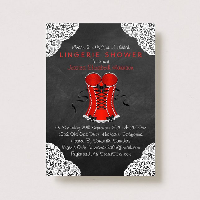 Invitación Corset Rojo Lace Blanco Chalkboard Lingerie Shower (Subido por el creador)