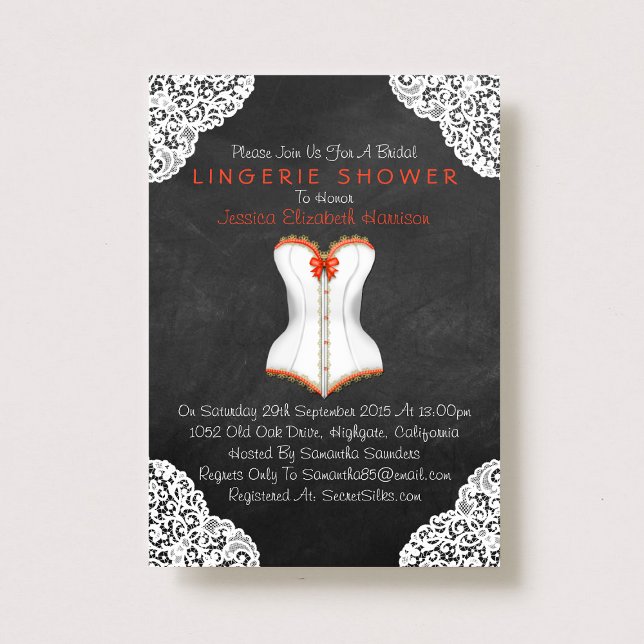 Invitación Corset Rojo Lace Blanco Chalkboard Lingerie Shower (Subido por el creador)