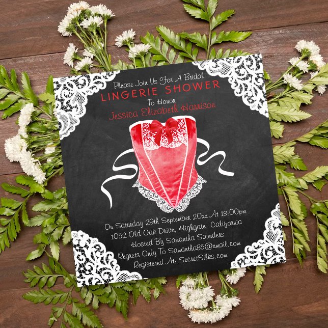 Invitación Corset Rojo Lace Blanco Chalkboard Lingerie Shower (Subido por el creador)