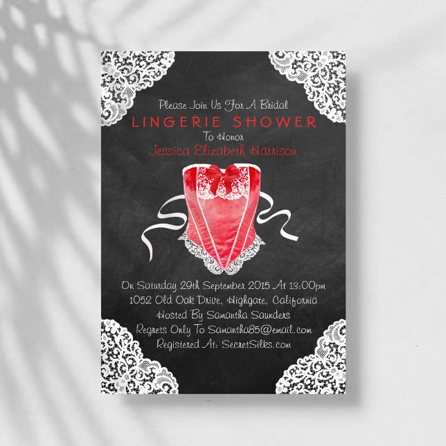 Invitación Corset Rojo Lace Blanco Chalkboard Lingerie Shower (Subido por el creador)
