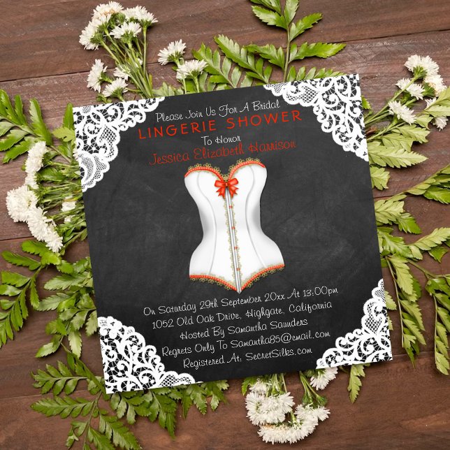Invitación Corset Rojo Lace Blanco Chalkboard Lingerie Shower (Subido por el creador)