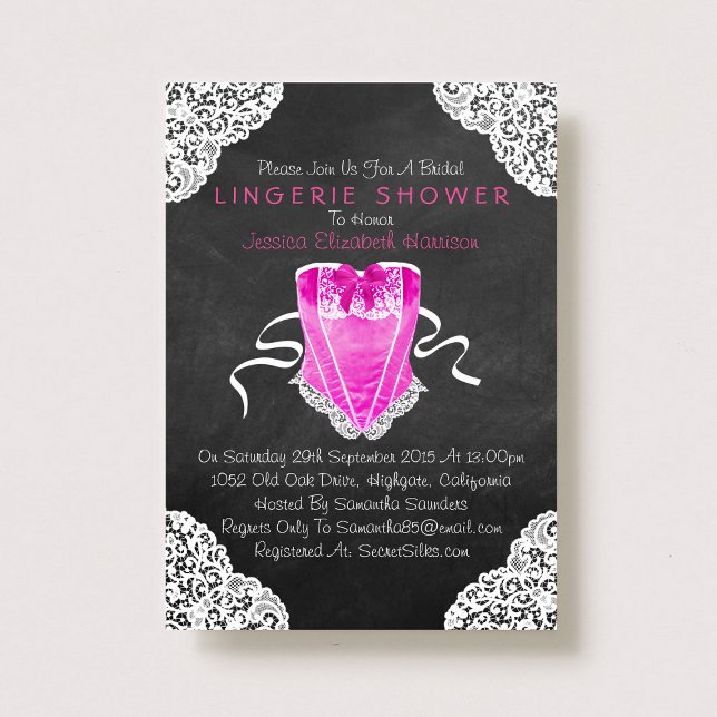 Invitación Corset rosa Lace Blanco Chalkboard Lingerie Shower (Subido por el creador)