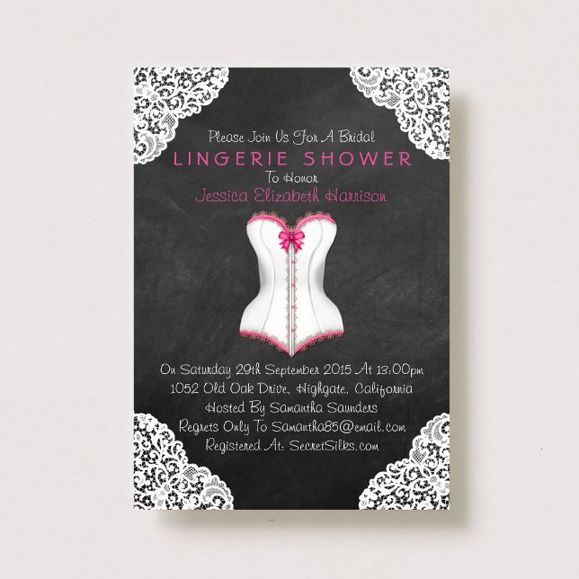 Invitación Corset rosa Lace Blanco Chalkboard Lingerie Shower (Subido por el creador)