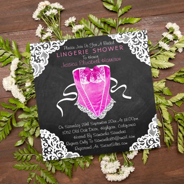 Invitación Corset rosa Lace Blanco Chalkboard Lingerie Shower (Subido por el creador)