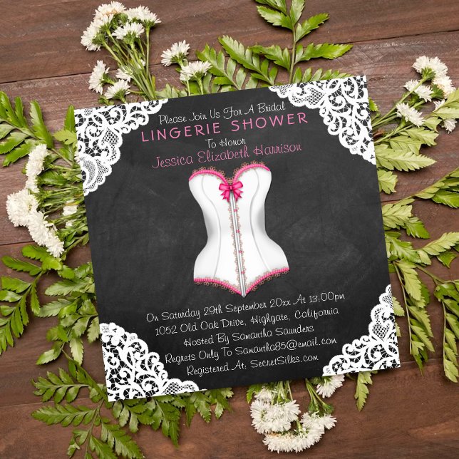 Invitación Corset rosa Lace Blanco Chalkboard Lingerie Shower (Subido por el creador)