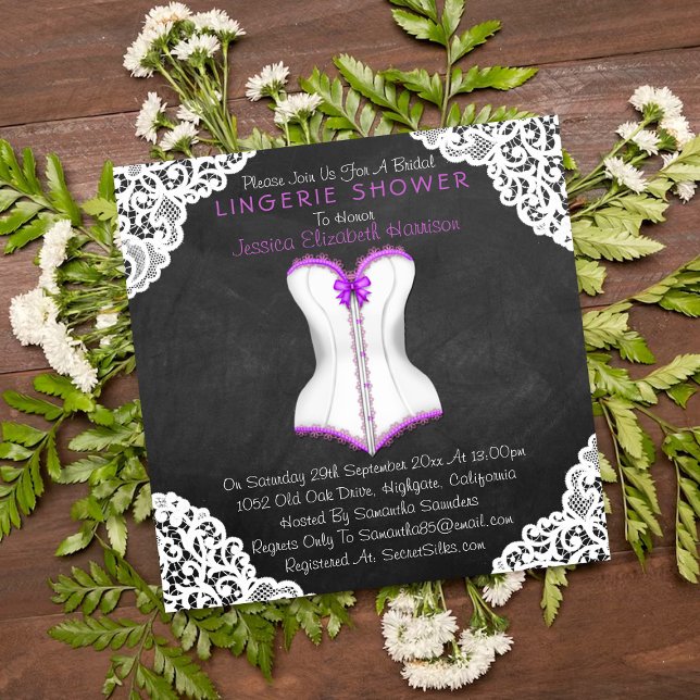 Invitación Corset White Lace Chalkboard Lingerie Shower (Subido por el creador)