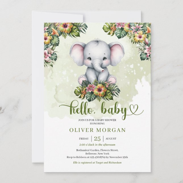 Invitación Corta acuarela jungla bebé elefante tropical (Anverso)