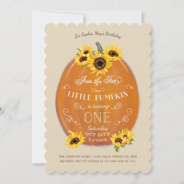 Invitación Cortan calabaza de otoño y girasoles primer cumple (Anverso)